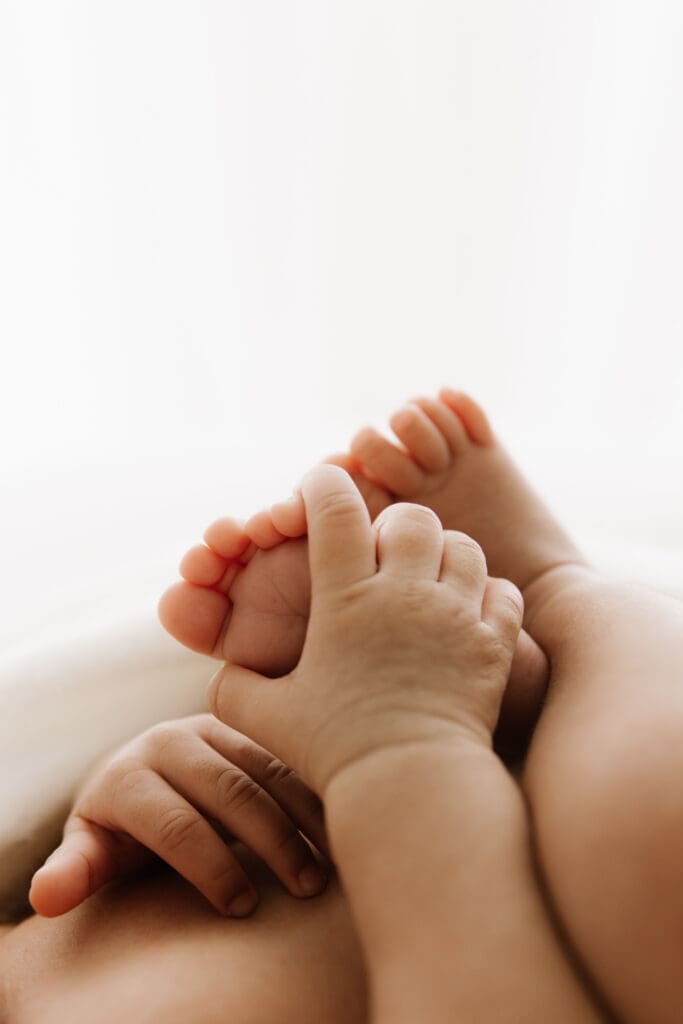 Close-up of newborn hands holding tiny feet during a newborn studio session Sydney